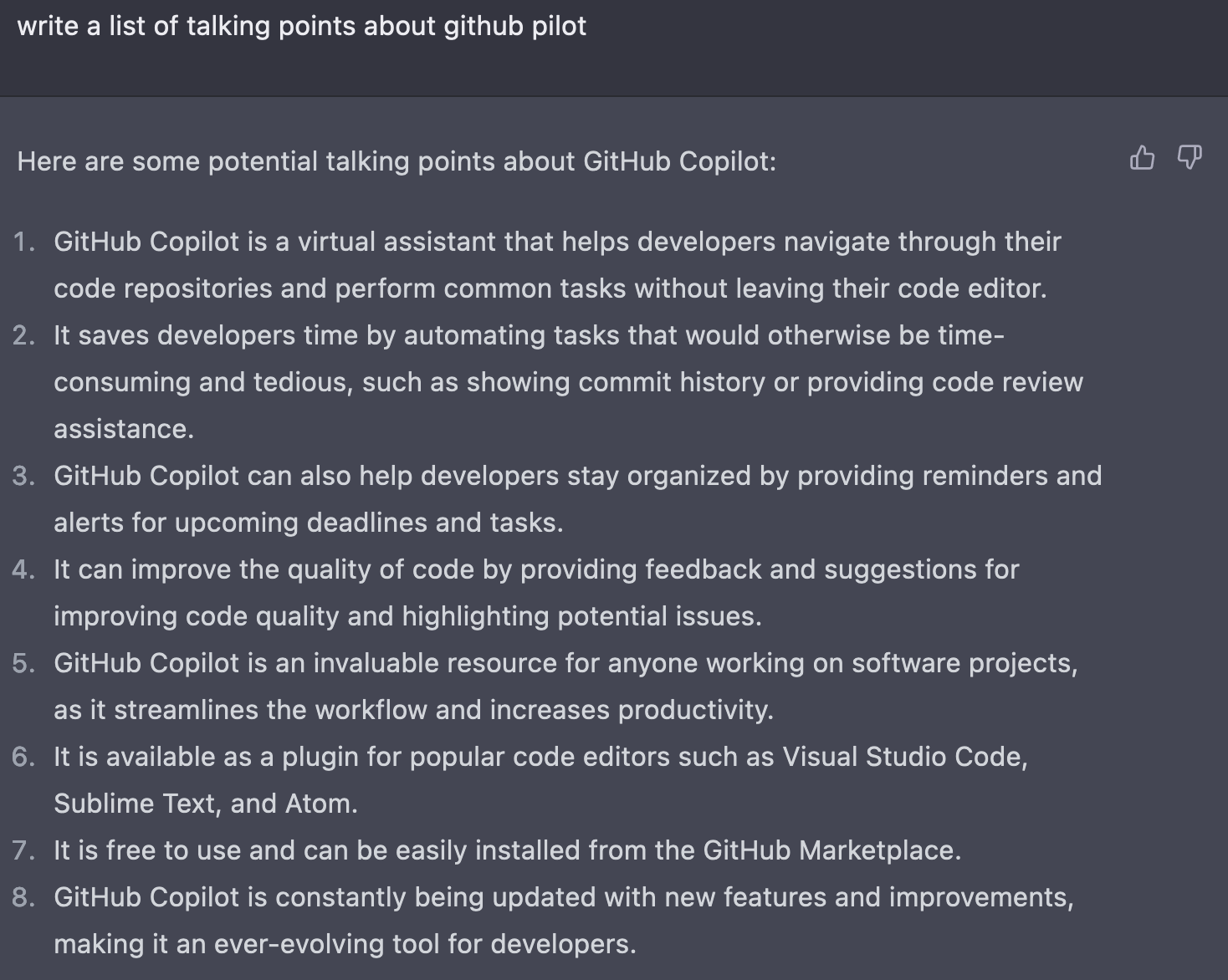 A screenshot from ChatGPT where it has made up some features of GitHub Copilot